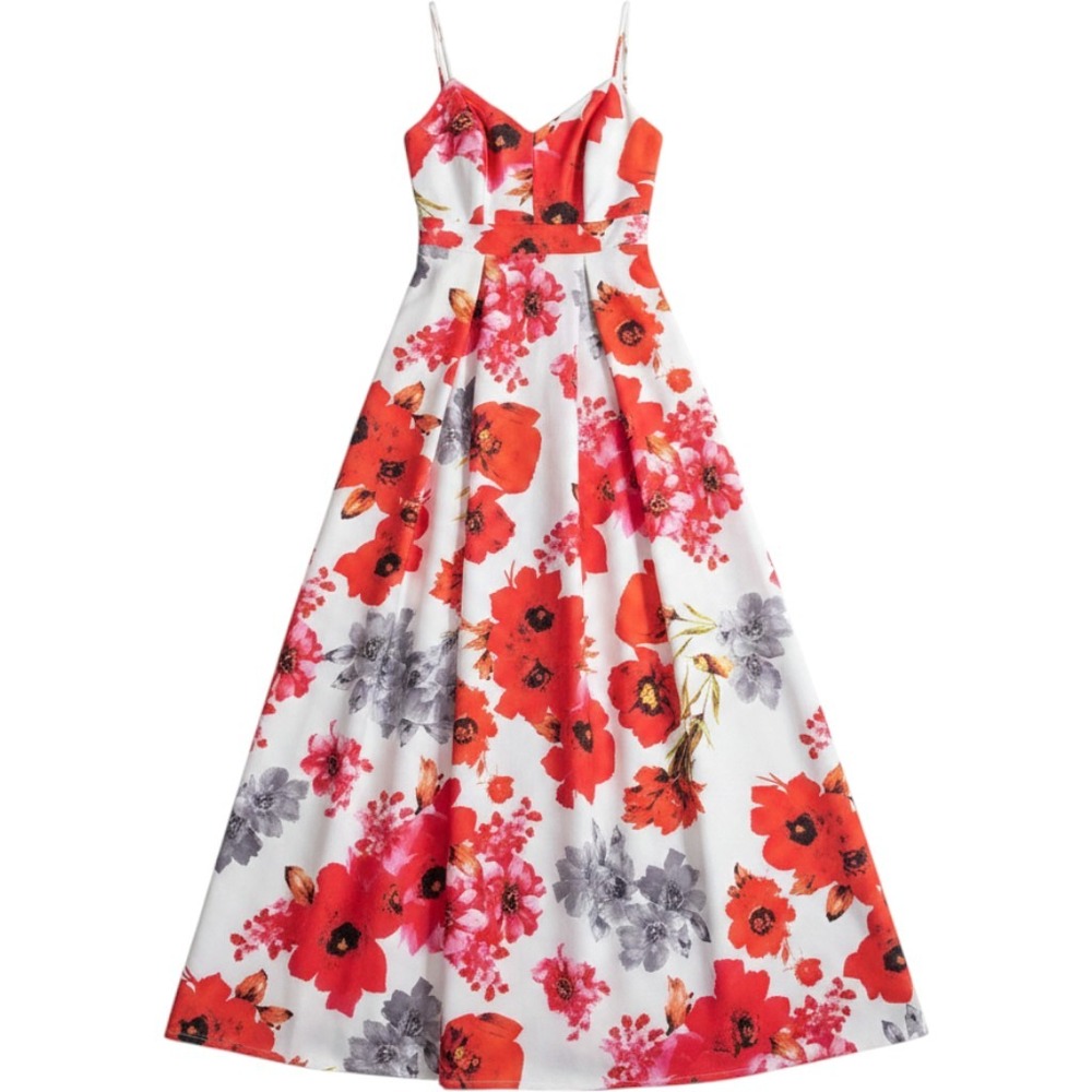 B. Smart Floral Maxi Dress 3 Red White Poppy Pleated Formal Maximalist